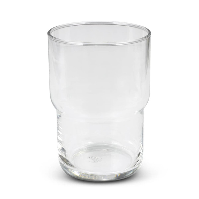 A clear stackable glass tumbler with a smooth, modern design, featuring a rounded upper section and a sturdy base.