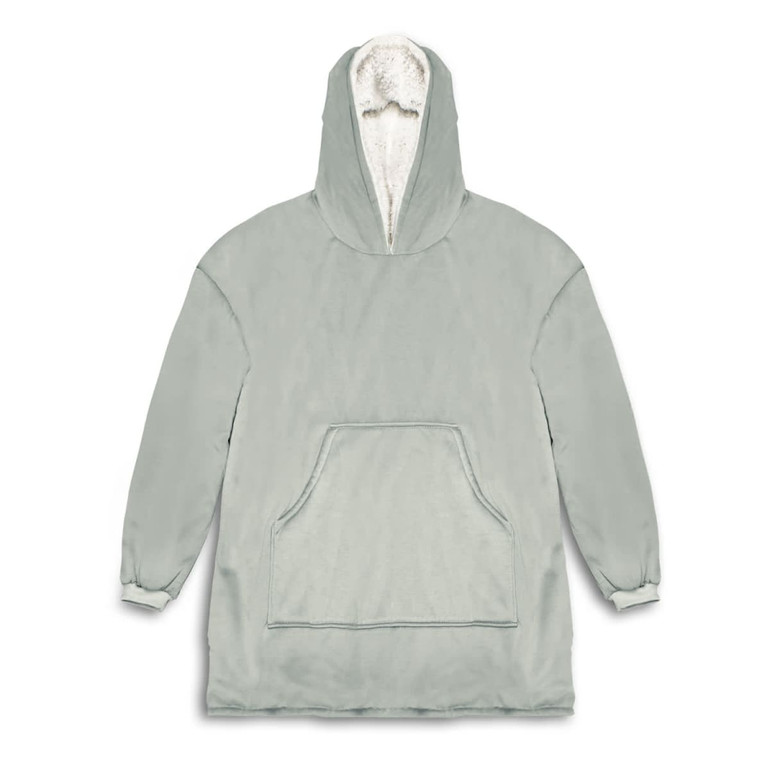 A light green hoodie with a large front pocket and a fleece-lined hood. It features branding.