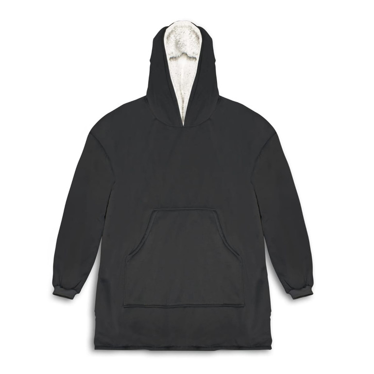 A black hoodie with a plush, cream-lined hood and a front pocket. It features a logo on the design.