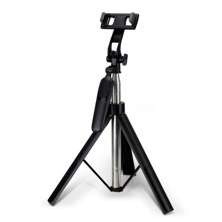 A black tripod with an adjustable phone holder and remote shutter feature.