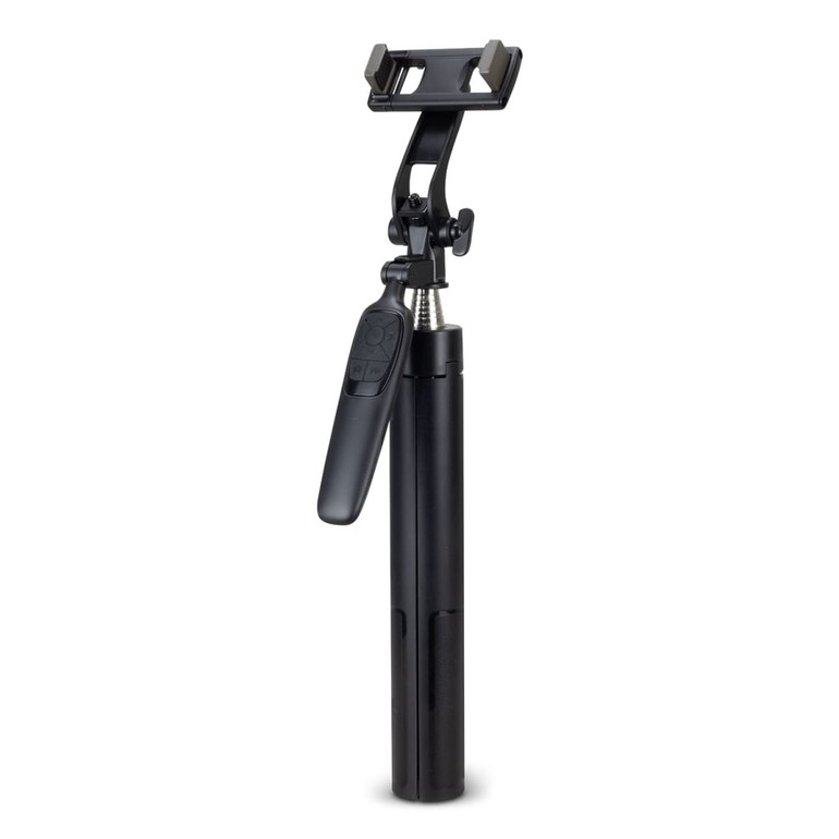 A black selfie stick tripod with a phone holder and adjustable settings for different angles.