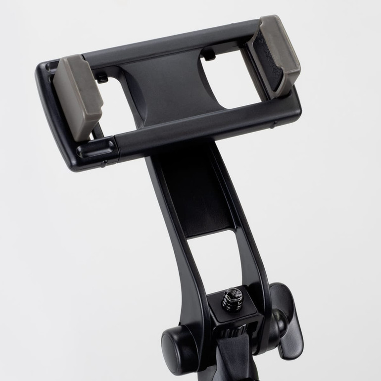 A black selfie stick tripod with adjustable grips for holding a phone securely. It features a sturdy construction and a mounting screw.