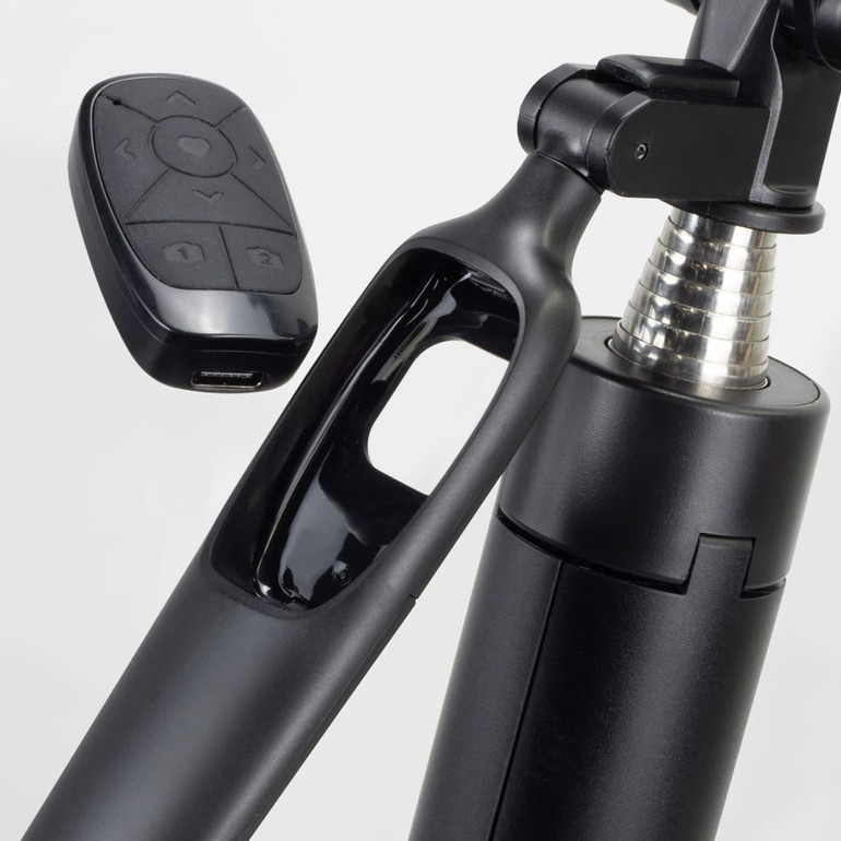 A black selfie stick tripod with a remote control attached, featuring a shiny metallic section and a sleek design.