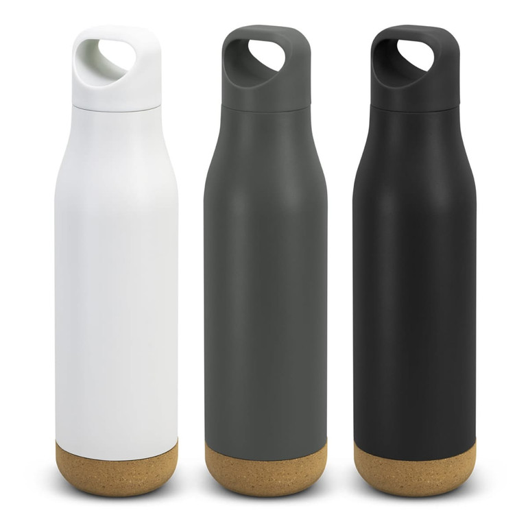 A drink bottle collection featuring white, olive green, and black bottles with a cork base and a handle. Each bottle has a logo.
