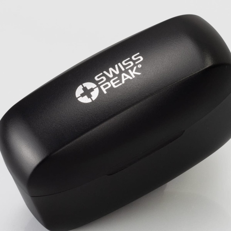 A black charging case for Swiss Peak ANC TWS earbuds with a logo on the front.