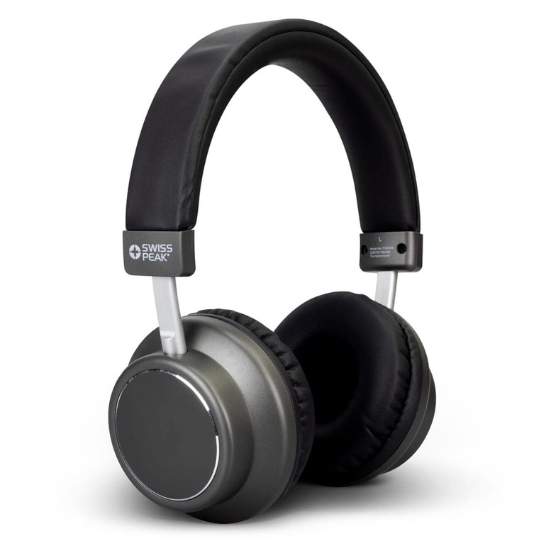 A pair of grey wireless headphones with a black cushioned headband and ear cups, featuring a logo on the side.