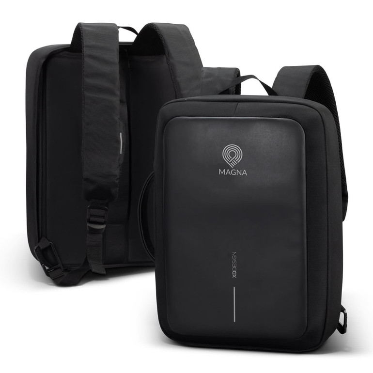 A black anti-theft backpack with adjustable straps, featuring a minimalistic design and a logo on the front.