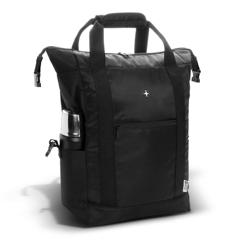 A black cooler toting backpack with a front pocket and a side bottle holder. It features sturdy handles and a logo.