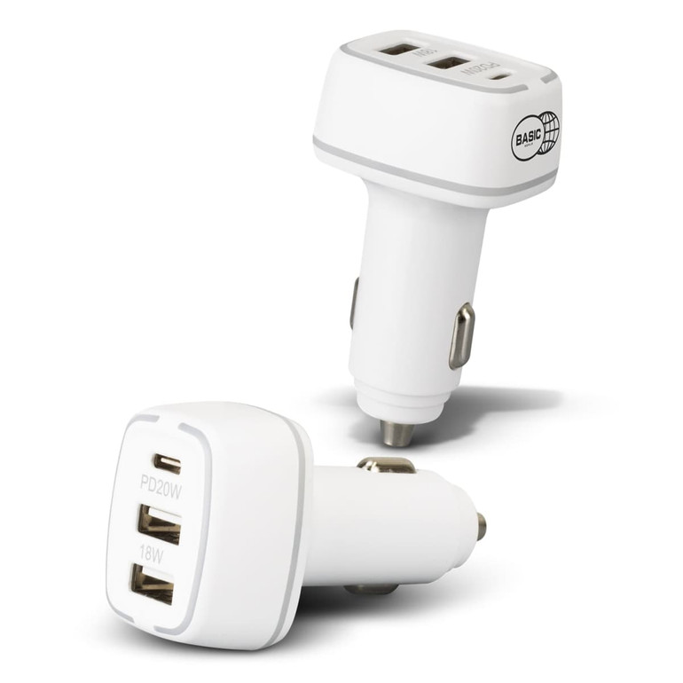 A white USB car charger with two ports, featuring a logo on one side and multiple USB outputs visible.