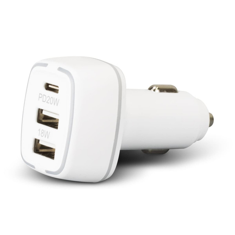 A white car charger with one USB-C port and two USB-A ports, featuring a sleek design and a logo.