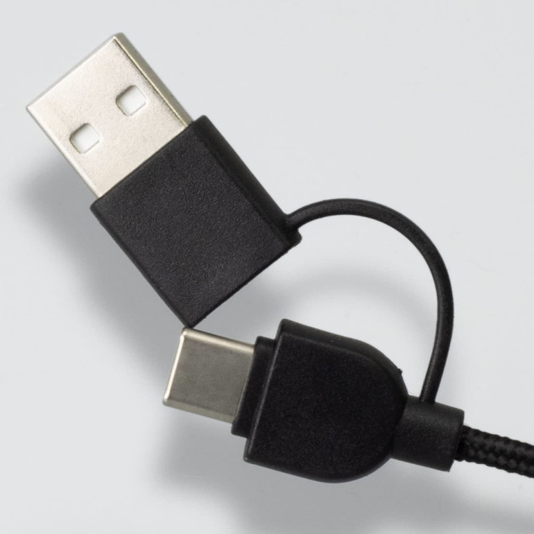 A black braided charging cable with USB and USB-C connectors, featuring a logo.