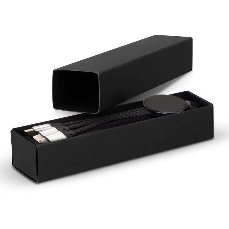 A braided charging cable in black, neatly packed in a black box, with multiple connectors visible.