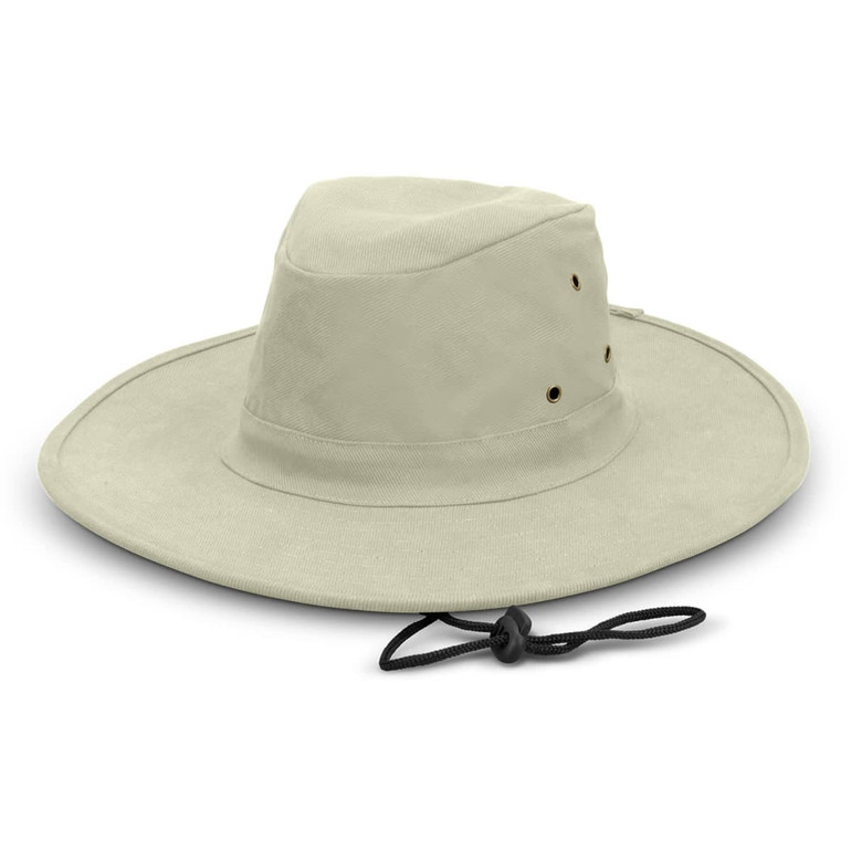 A wide-brimmed hat in light beige, featuring ventilation holes and an adjustable chin strap. It has a logo.
