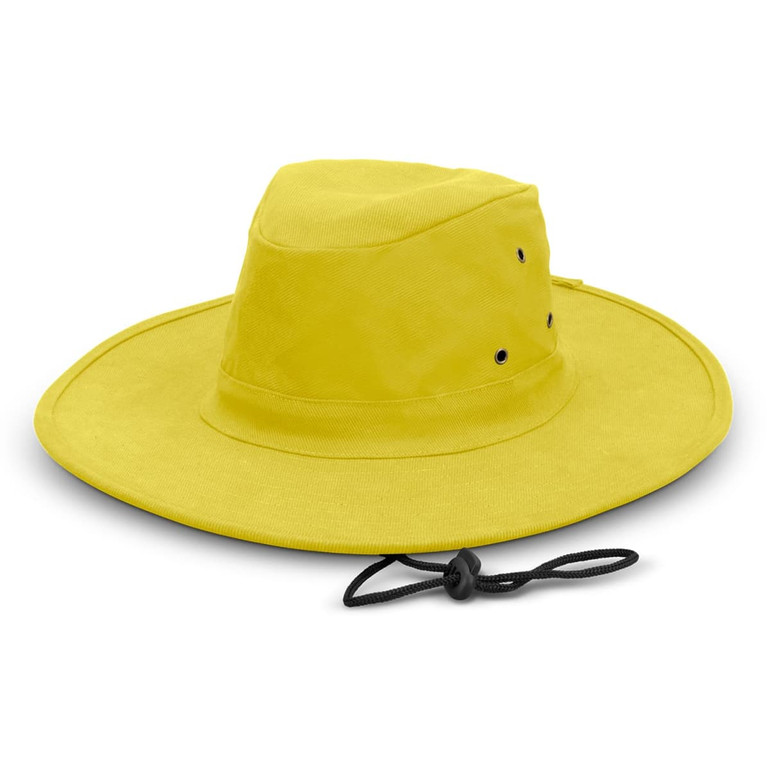 A wide-brim hat in bright yellow with ventilation holes and an adjustable chin strap. It features a logo.