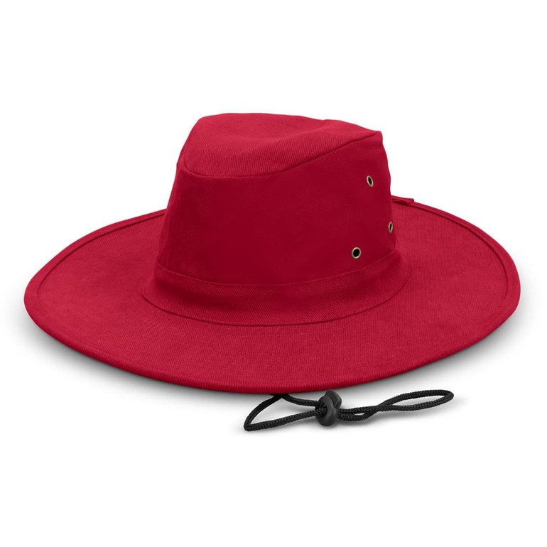 A wide-brimmed hat in red with eyelets and an adjustable chin strap. It has a logo on the side.