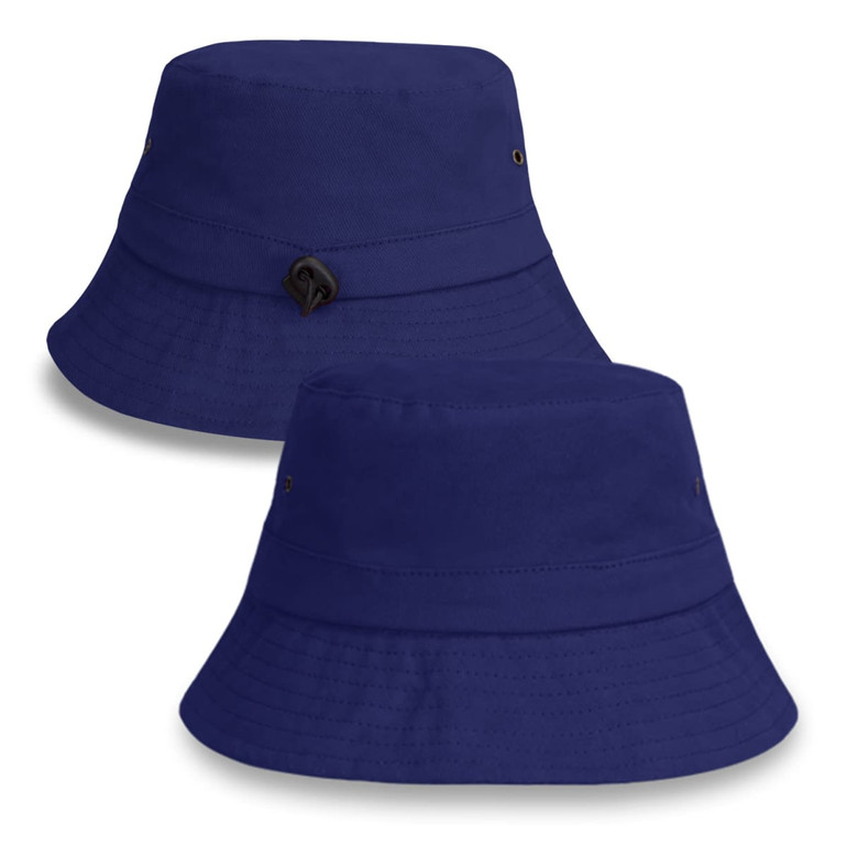 A navy blue Explore Bucket Hat featuring a decorative logo and a classic wide brim design.