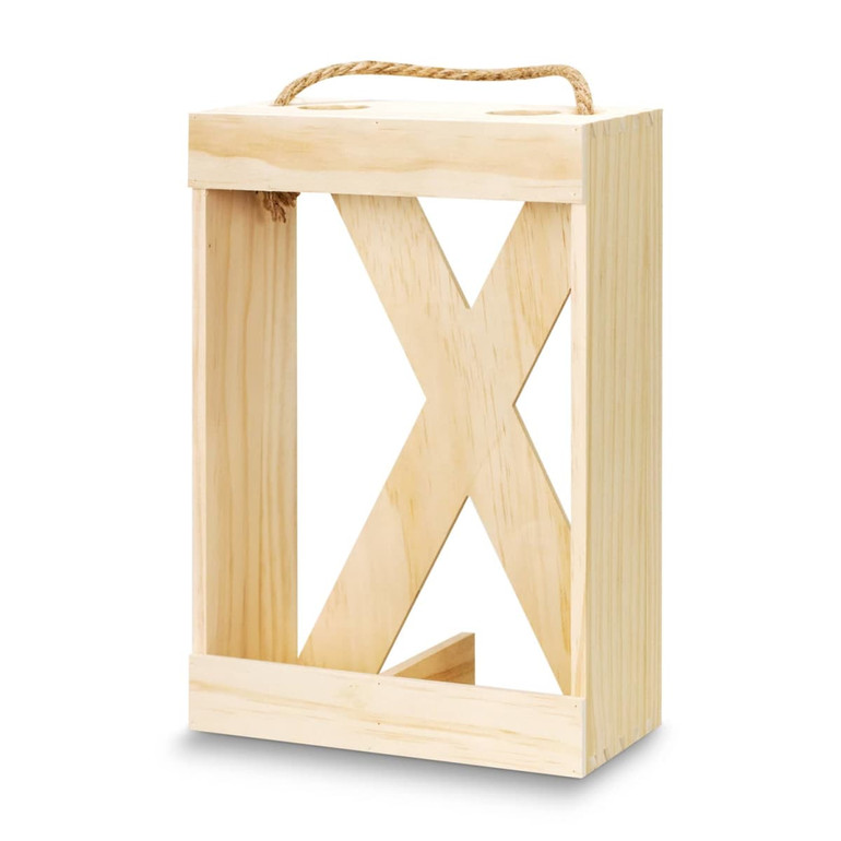 A wooden wine crate in natural finish, featuring an open design and a rope handle for easy carrying.
