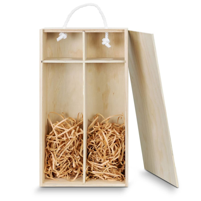 A wooden gift box in natural colour with two compartments filled with shredded paper and a rope handle.