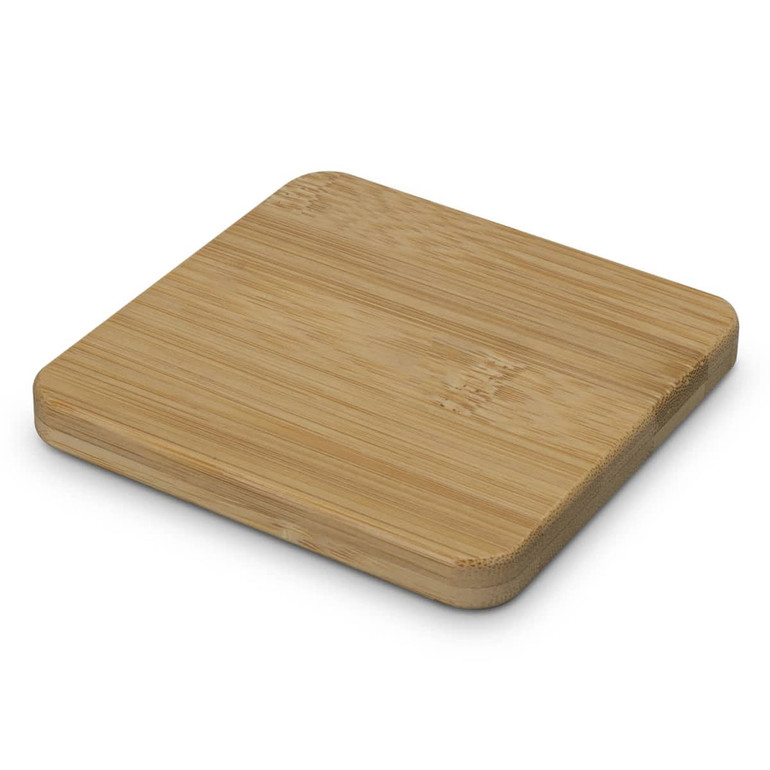 A drink bottle opener coaster in a natural bamboo finish, square-shaped with rounded edges. Features a logo.