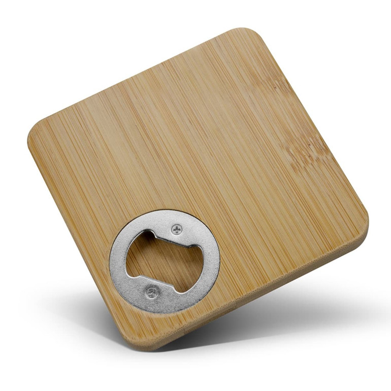 A drink bottle opener coaster in a square shape, featuring a bamboo finish and a metal bottle opener.