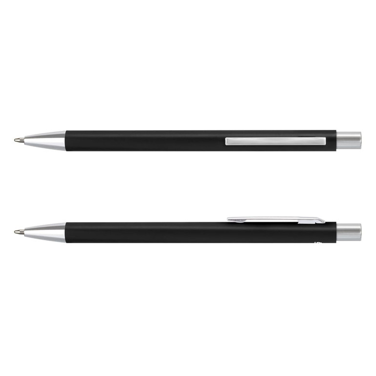 A metal pen in black with silver accents, featuring a sleek design and a clip for easy attachment.