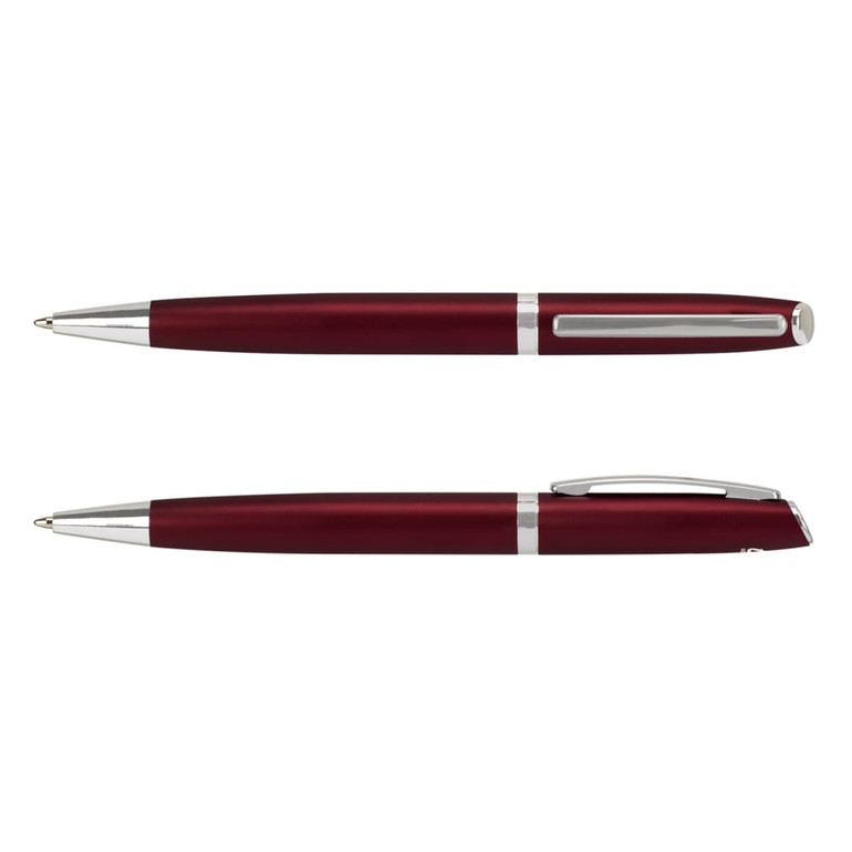 A metal pen in a deep burgundy colour with silver accents and a sleek design, featuring a logo.