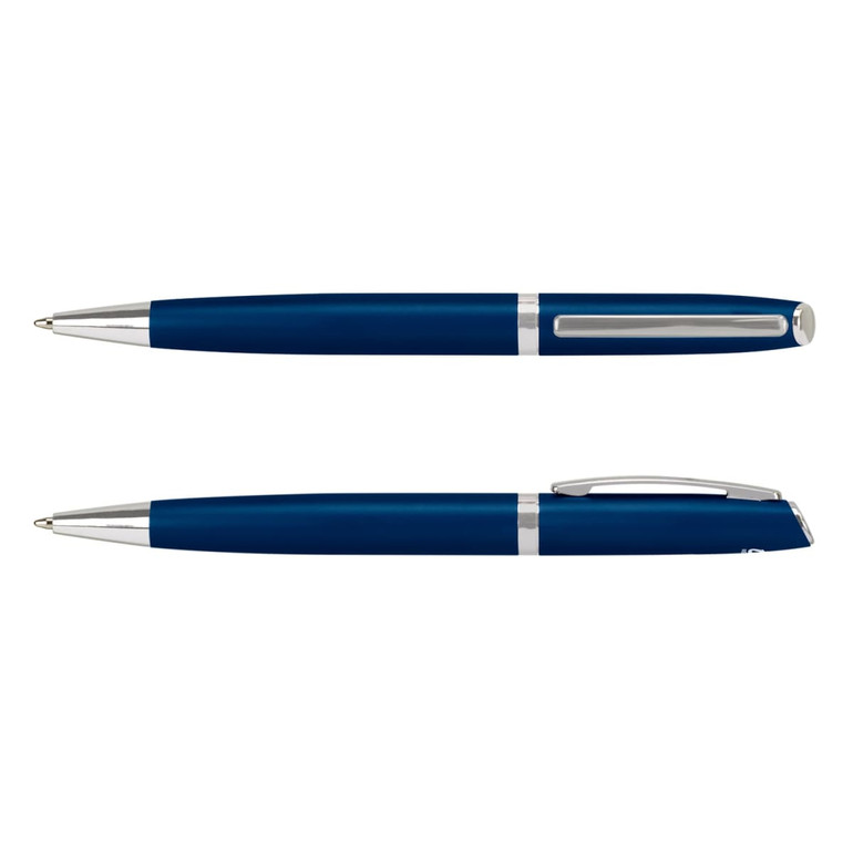 A metal pen with a sleek navy blue body and silver accents, featuring a logo on the clip.