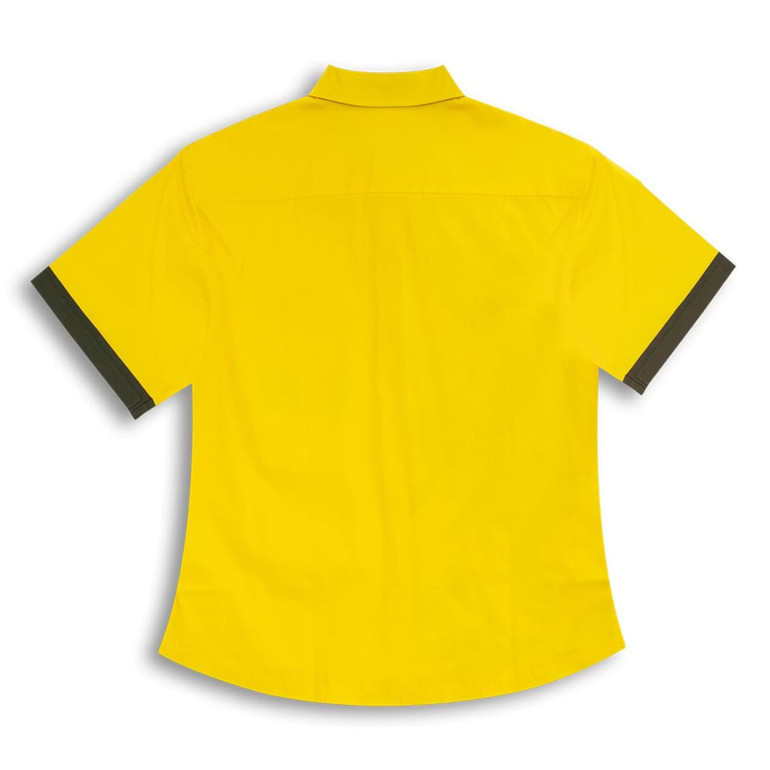 A custom short-sleeved women's shirt in bright yellow with dark trim and a collar. Features a logo.