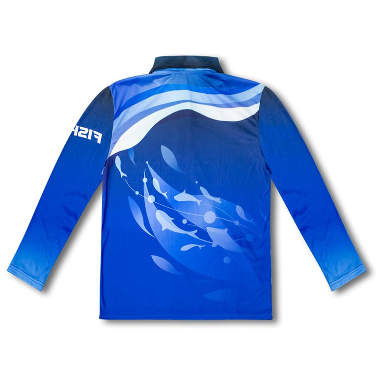 A blue fishing polo shirt featuring a graphic design with fish and waves, complete with a logo on the side.