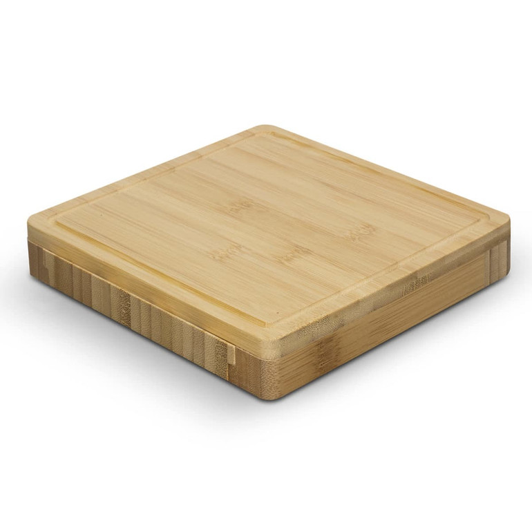 A square bamboo cheese board with a smooth surface and angled edges, featuring a natural wood finish.