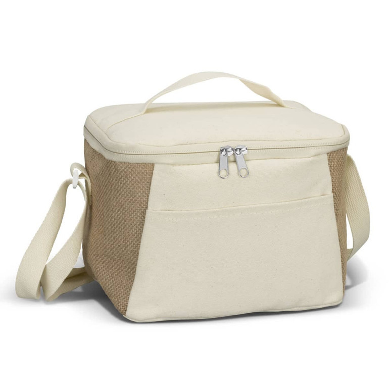 A jute cooler bag in cream and natural tones with a zip closure and a shoulder strap. It features a front pocket and a logo.