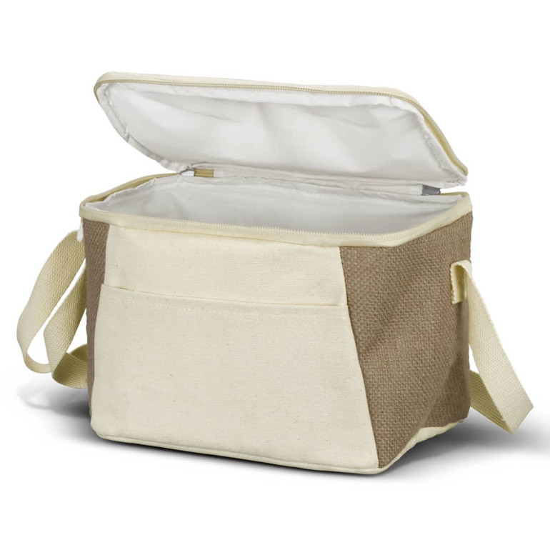 A jute cooler bag in brown and cream with a zippered top and an exterior pocket, featuring a shoulder strap.