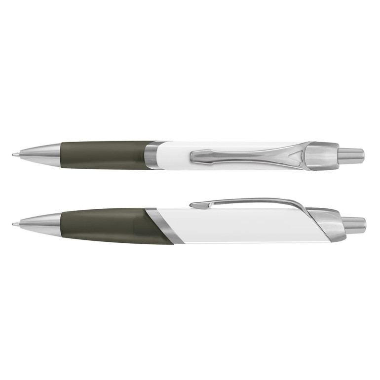 A white and olive green plastic pen with a silver clip and trim, featuring a sleek design.