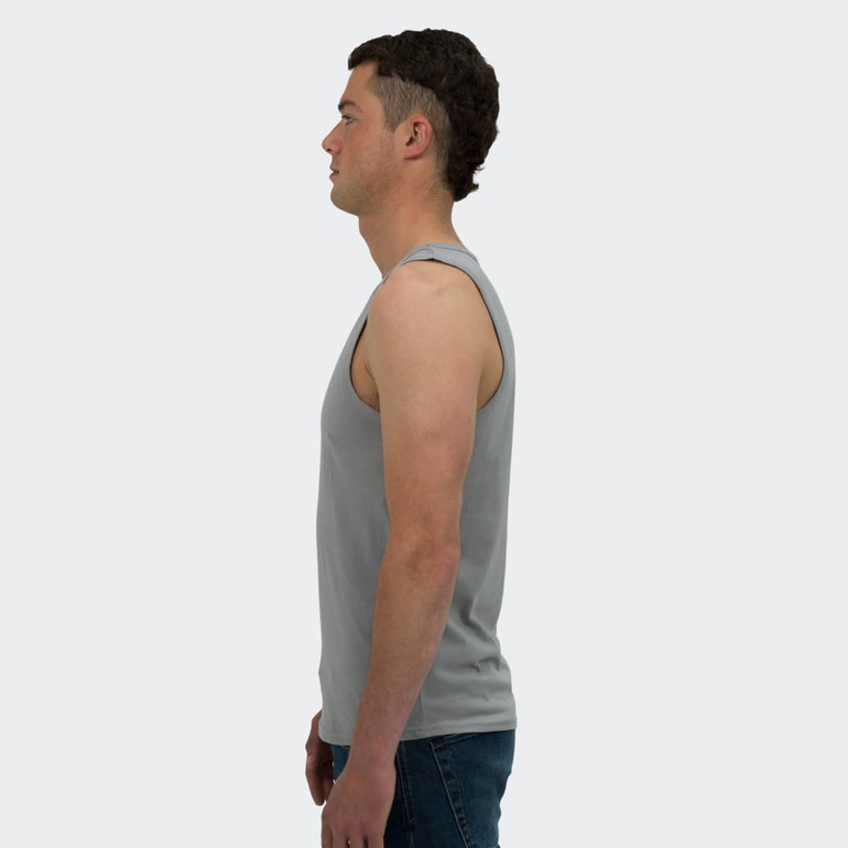 A grey men's tank top displayed on a model from the side, featuring a simple design and a small logo.