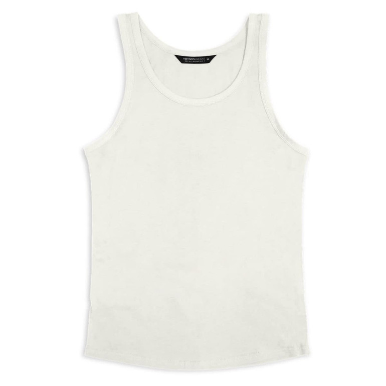 A white women's tank top with a classic singlet design; features a logo on the label.