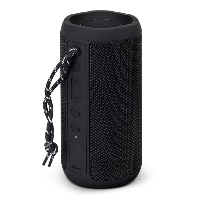 A black cylindrical Bluetooth speaker with textured surface and controls on the side, featuring a decorative strap.