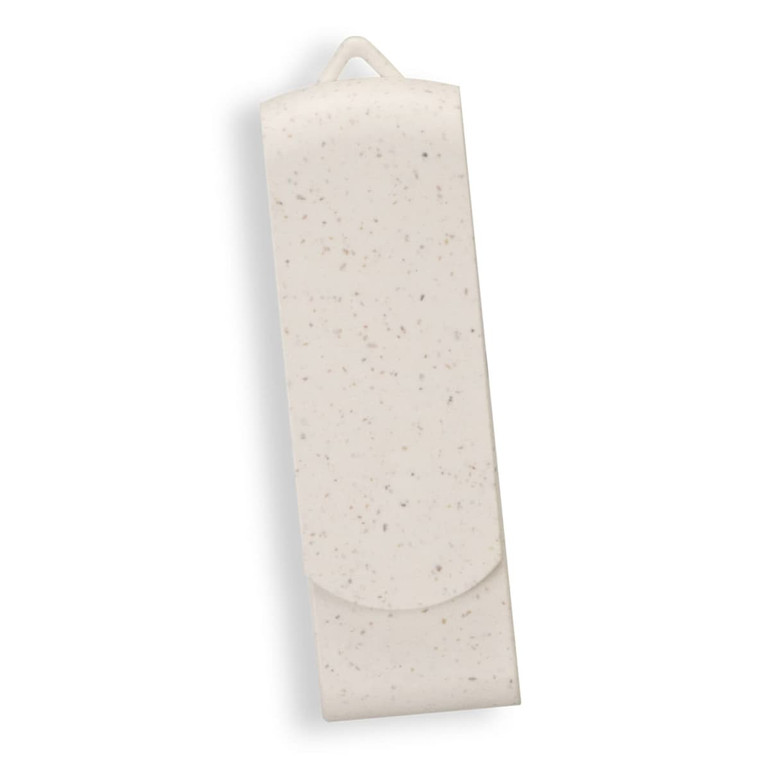 A white, speckled 8GB flash drive with a hinged cover, featuring a logo on the front.