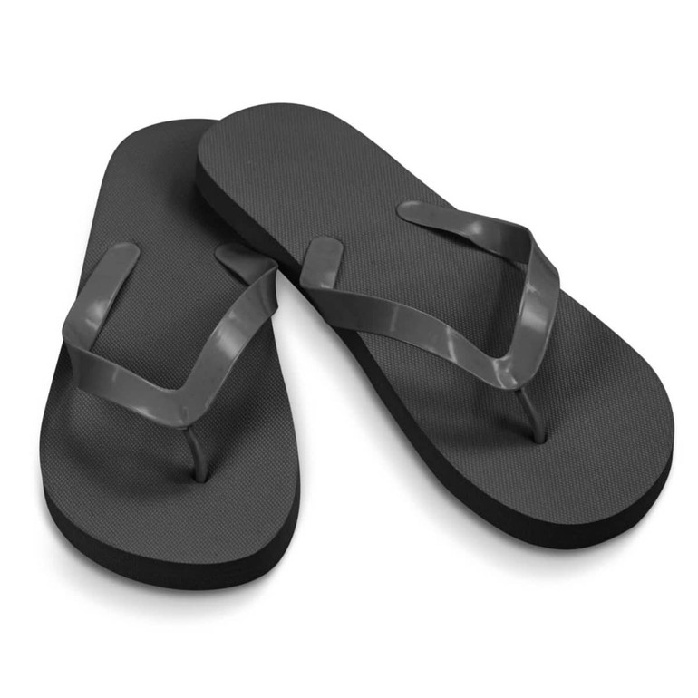 A pair of black flip flops with a simple design and a logo on the strap.