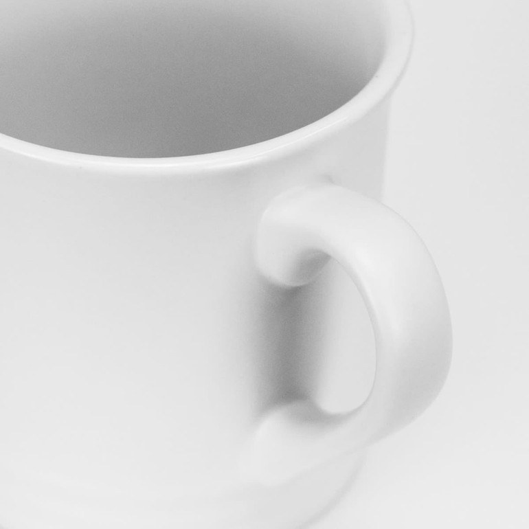 A white coffee mug with a smooth surface and a sturdy handle, featuring a simple design.
