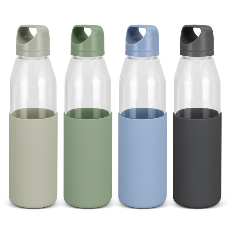 A drink bottle collection featuring four glass bottles with coloured silicone sleeves in light green, dark green, blue, and black.