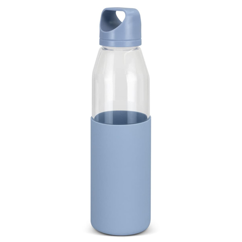 A drink bottle featuring a clear glass body with a light blue silicone sleeve and cap. It has a logo visible.