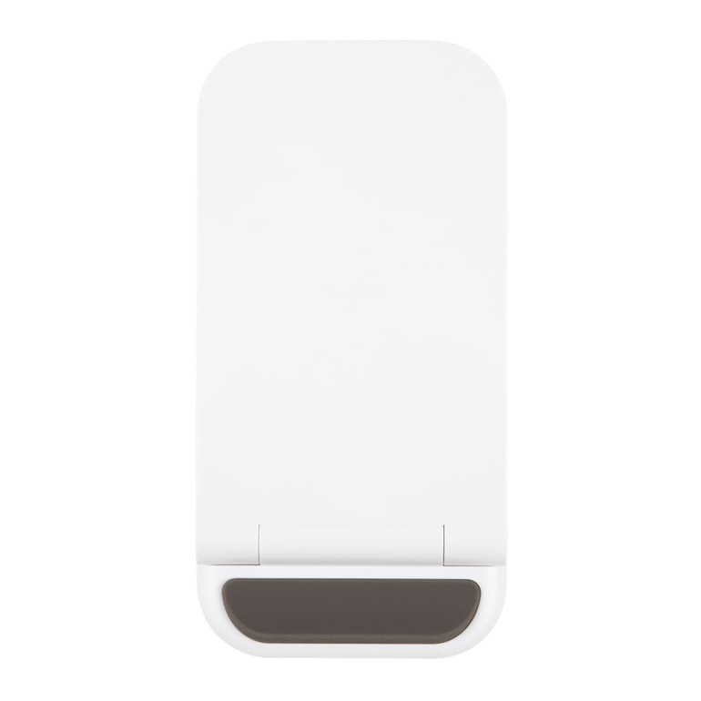 A white wireless charger with a sleek design and a dark grey base. It features a logo on its surface.