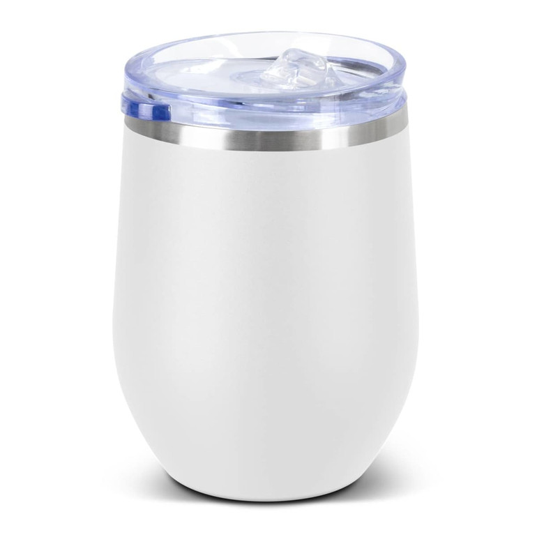 A drink bottle with a white ceramic exterior and a clear lid, featuring a stainless steel band.