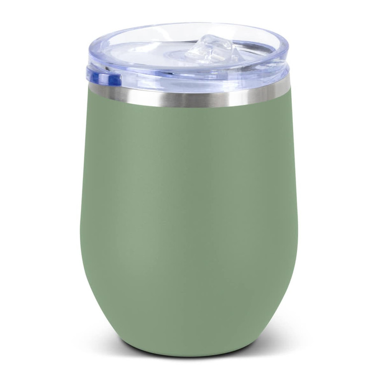 A drink bottle in matte green with a clear lid and a silver band around the top. Features a logo.