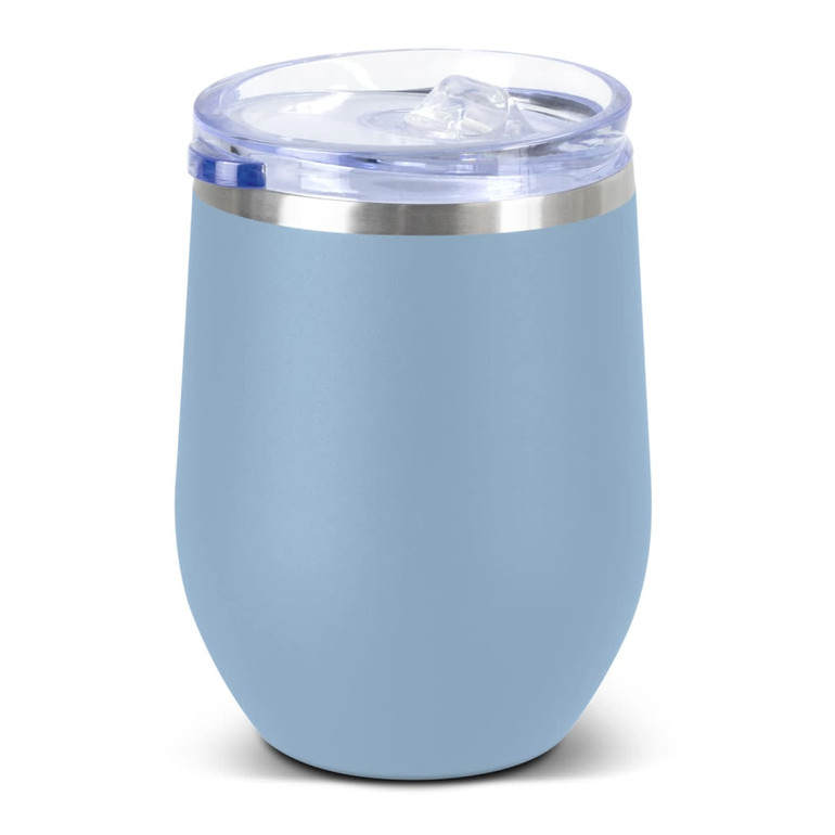 A drink bottle in light blue with a stainless steel base and transparent lid, featuring a logo.
