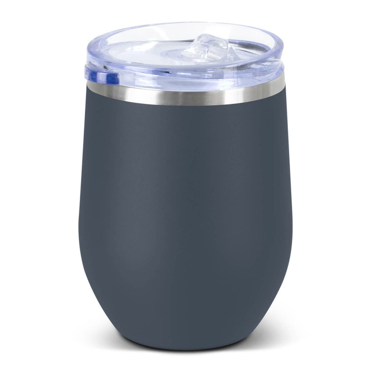 A drink bottle in matte dark grey with a clear lid and a silver rim, featuring a logo on the surface.