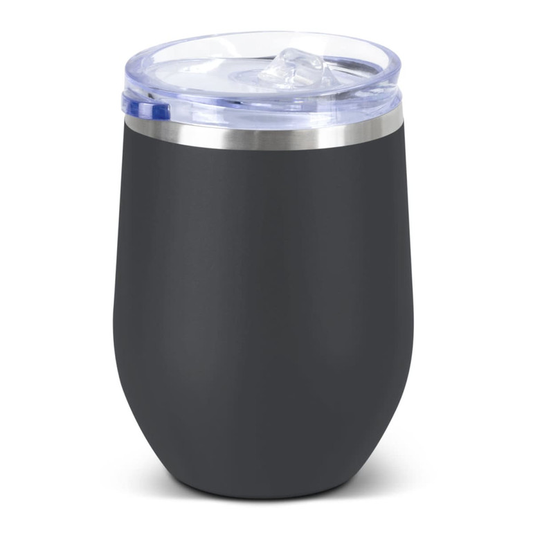 A drink bottle featuring a matte black ceramic body and a clear plastic lid with a straw opening. It has a logo.