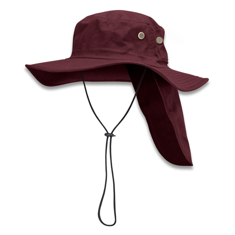 A maroon Legionnaire wide brim hat with side snaps and a neck flap, featuring a drawstring for adjustment.