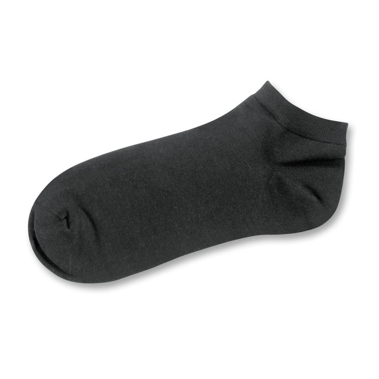 A black ankle sock with a smooth texture and a ribbed cuff, featuring a logo on the side.