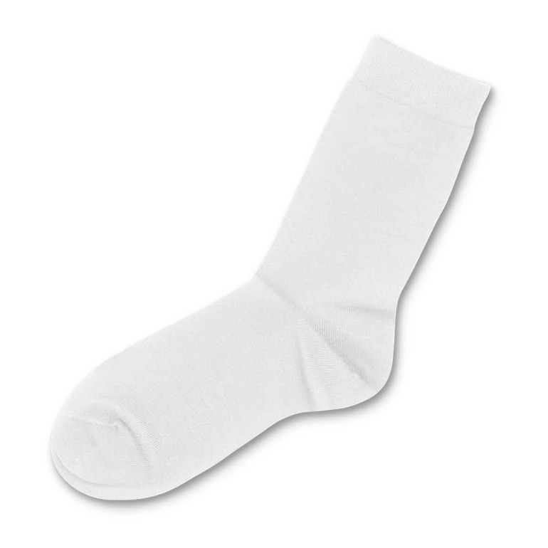 A single white sock, featuring a smooth texture and a simple design, with a logo on the side.